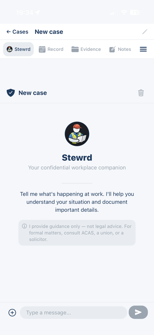 Stewrd app interface — a conversation about a workplace situation with the case timeline building behind it